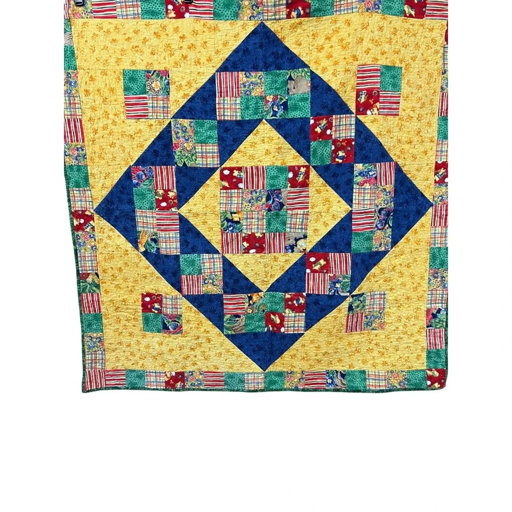Vintage Patchwork Quilt 50x50 Bright Plaid Floral Cottagecore Throw